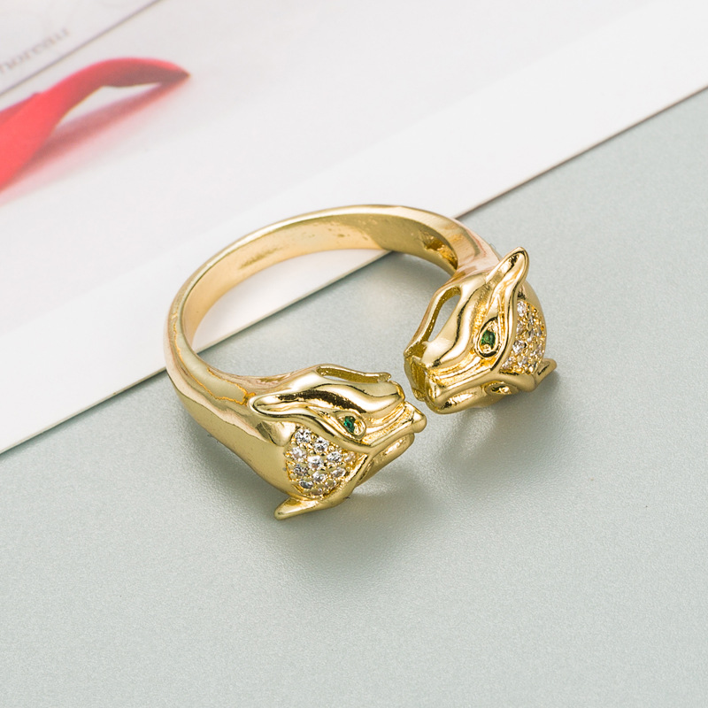 European And American Cross-border Fashion Temperament Leopard Head Copper Plated Real Gold Ring Open Index Finger Ring display picture 7