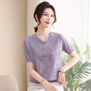 New Chinese Style Mother's Clothing, Chinese Style Women's Bottoming Shirt, Classy Women's Small Shirt, Pullover Knitted Short-Sleeved Top T-Shirt