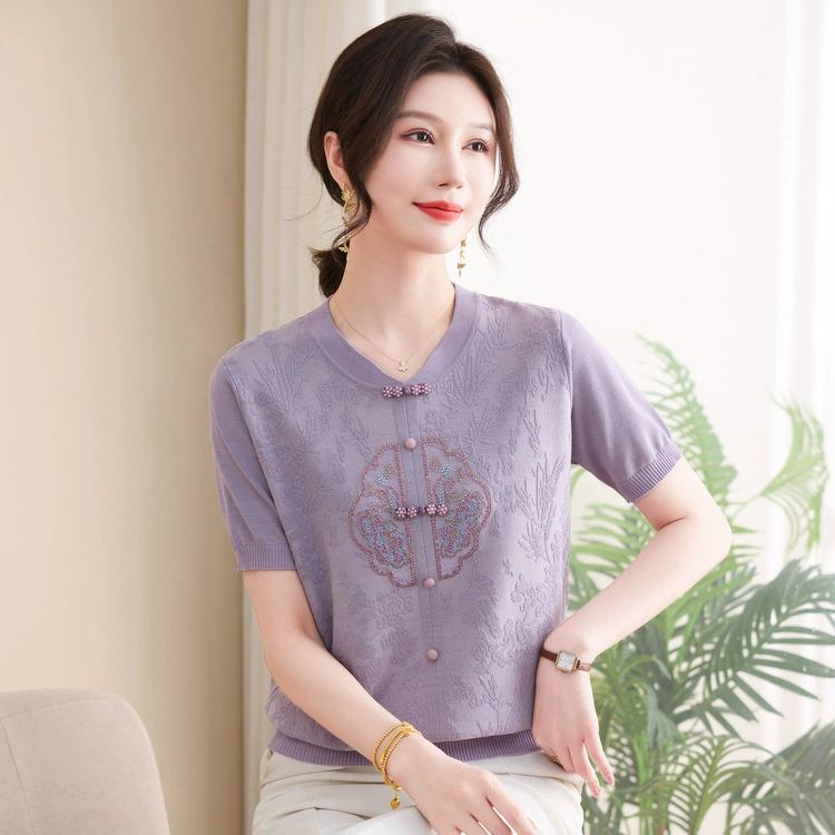 Новый китайский костюм мамы Guo Feng Ladies Нижняя рубашка высокого класса женская рубашка пуловер трикотажная рубашка с короткими рукавами футболка