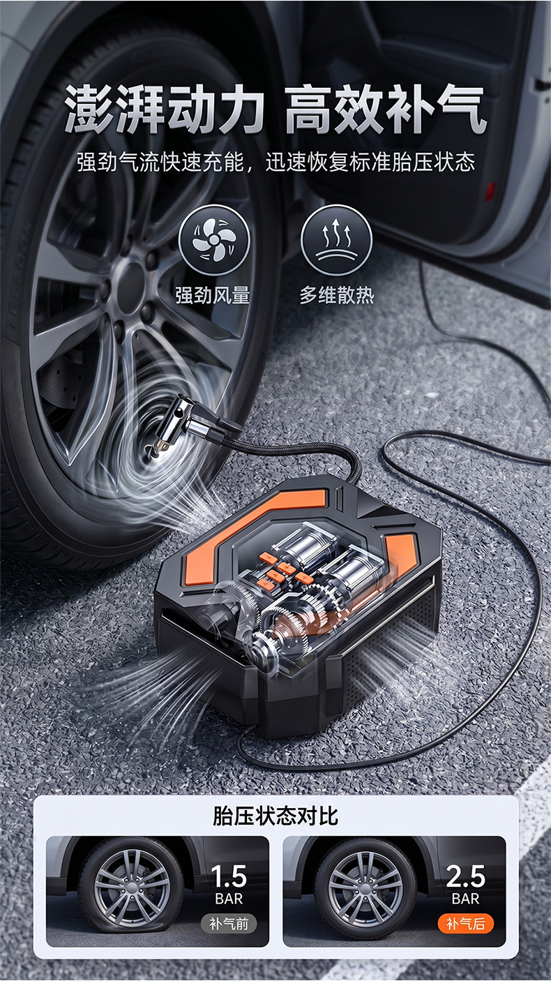 Digital Display Car Air Pump 12V Wired Portable Car Tire Pump with Led Emergency Light Air Pump