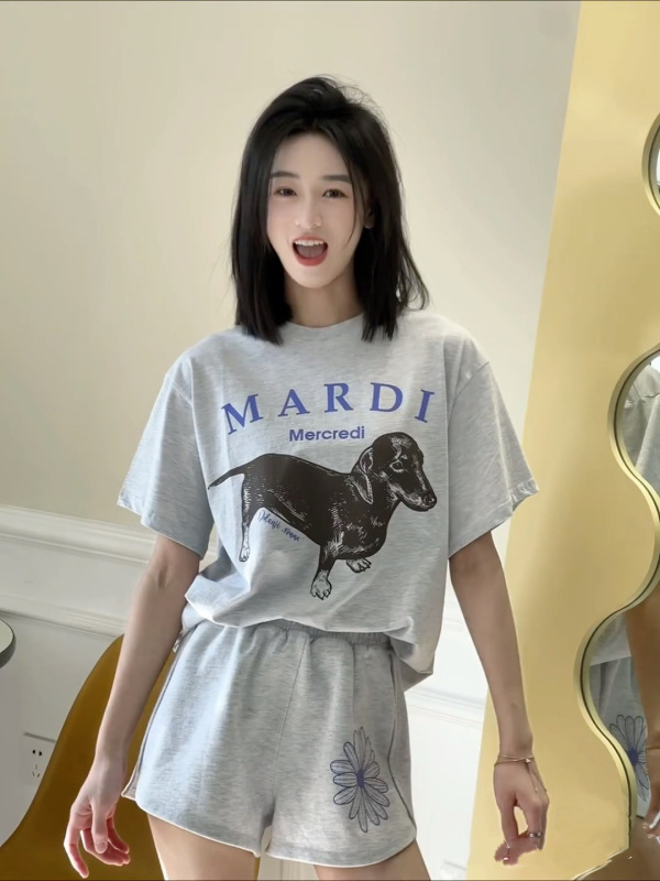 韓国マルディトレンディな半袖フラワープリントゴールドハイシルバー夏ラウンドネック純綿ルーズTシャツトップトレンディ|undefined