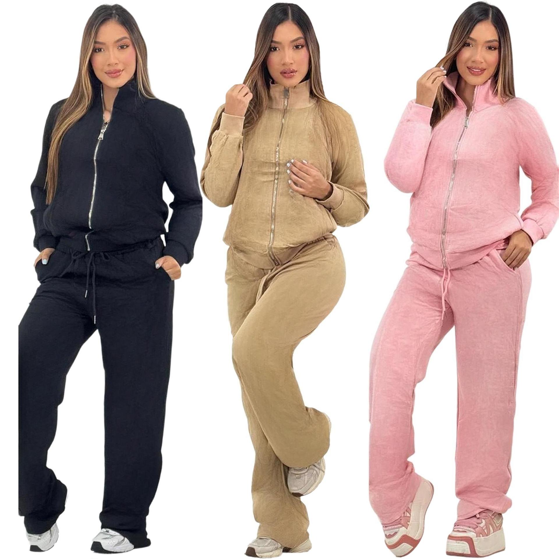 J5289 European and American Cross-Border Women's Clothing Autumn and Winter New Embroidered Fashion Casual Embossed Long-Sleeved Zipper Sports Suit