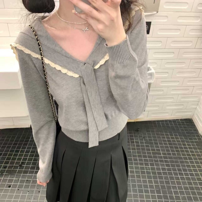 Gray Navy Collar Shawl Knitwear for Women Autum 2025 Spring and Autum New Korean Preppy Style Bottoming Shirt Short Top