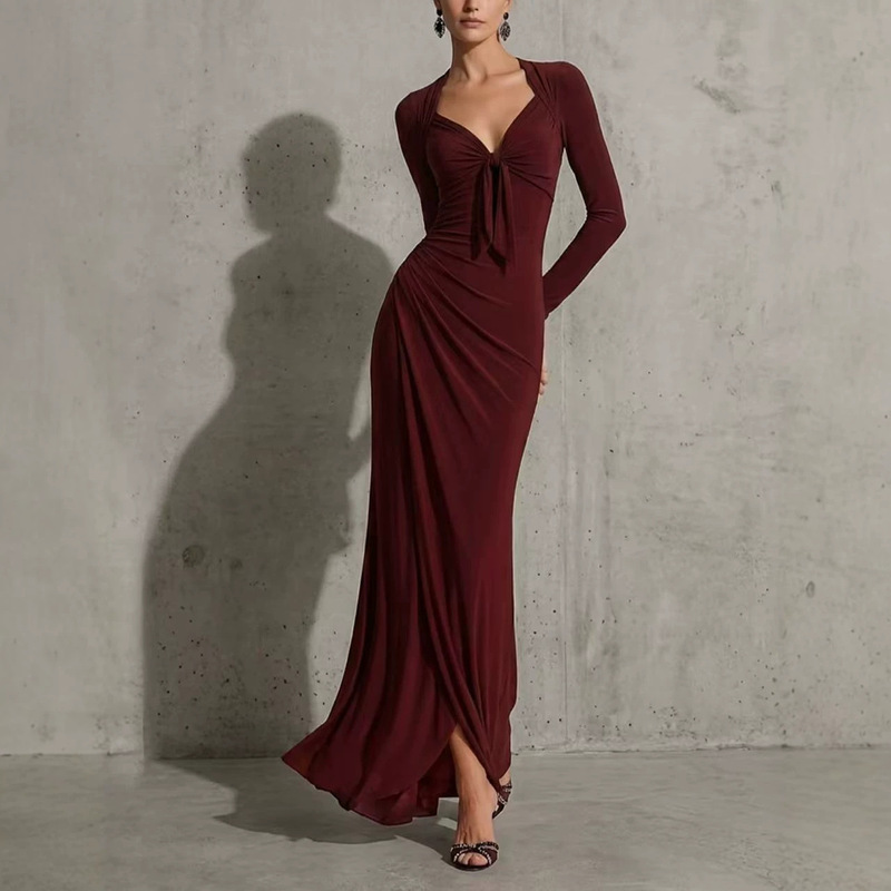 New autumn women's cross-border fashion long dress with draped collar, sexy tight-fitting evening gown, floor-length slim-fit dress New autumn women's cross-border fashion long dress with draped collar, sexy tight-fitting evening gown, floor-length slim-fit dress