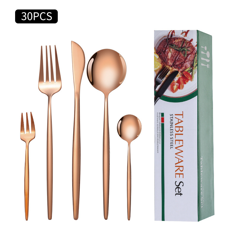 Cruz-Frontera de acero inoxidable vajilla portugués cuchillo y tenedor conjunto de 30 piezas de comida occidental cuchillo de filete de oro y cuchara de la caja de regalo