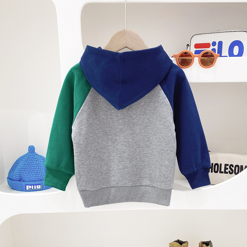 Children's sweatshirt spring 2024 Korean style boys color block pullover hooded tops for big children spring and autumn cartoon children's clothing trend