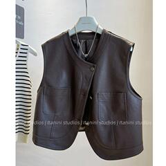 韩系穿搭复古短款PU皮马夹外套女秋装机车服无袖坎肩背心马甲皮衣