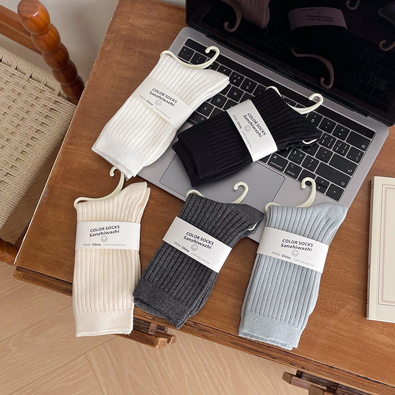 Gray socks women's long cotton spring and autumn dark gray basic all-match pile socks ins trendy autumn and winter mid-calf length socks