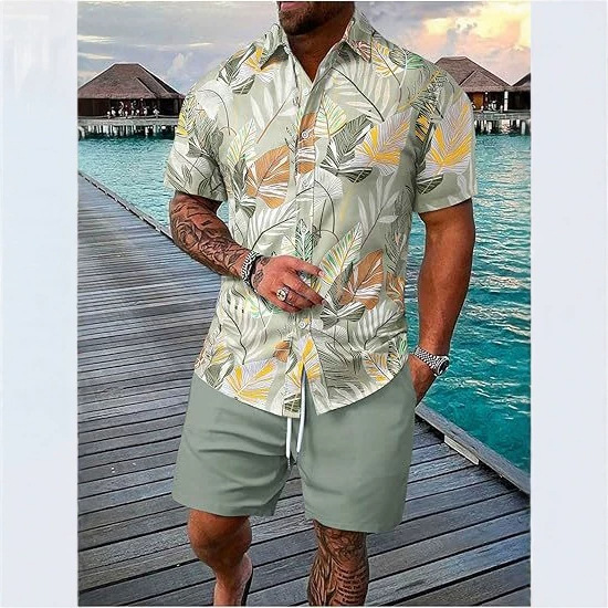 Summer Men's Black Printed Short-Sleeved Shirt, Loose Shirt Collar, Hawaiian Style, Casual Men's Wear