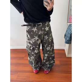 跨境美式水洗星星满印渐变迷彩工装牛仔裤男女宽松休闲百搭阔腿裤