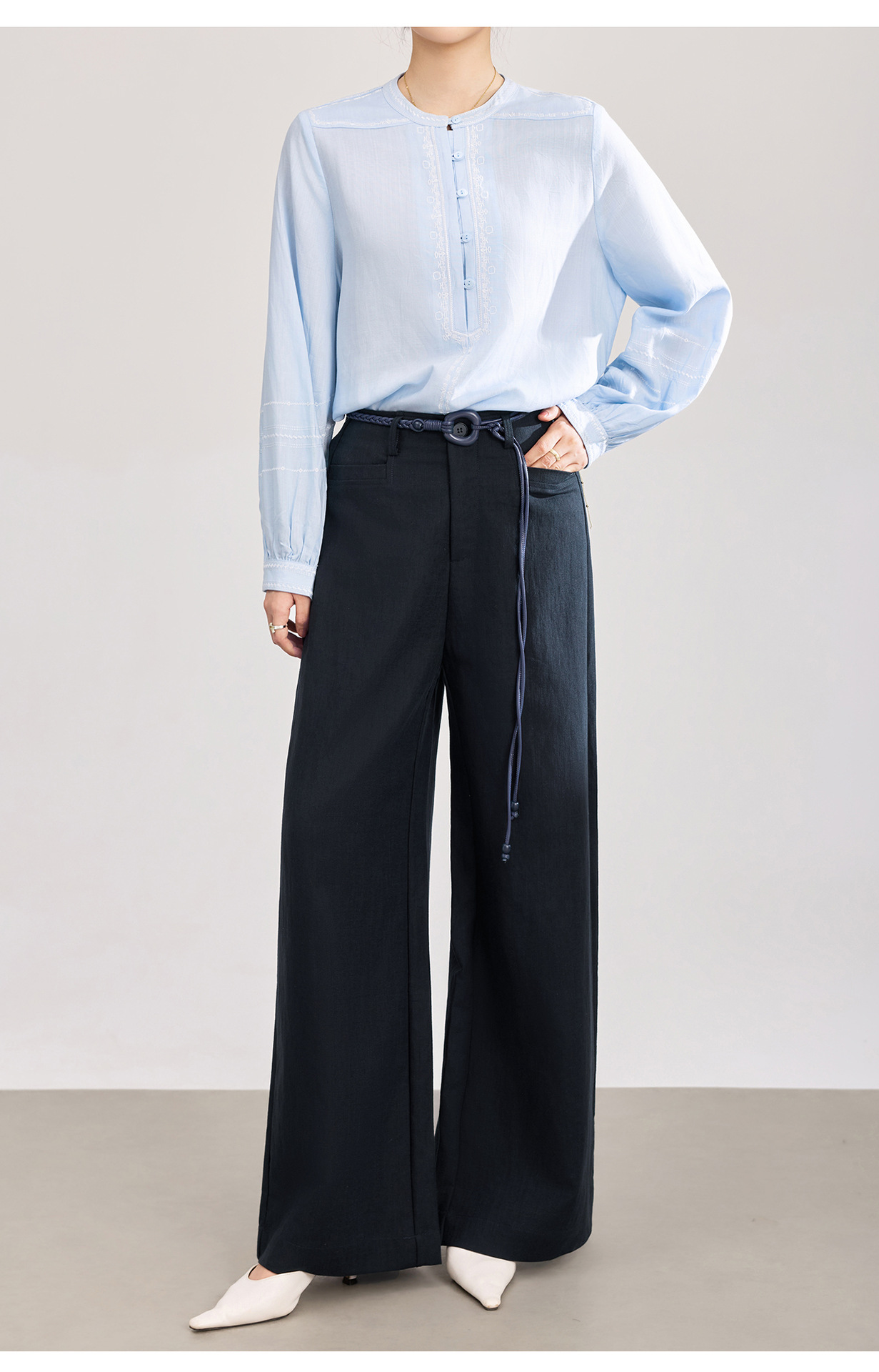 Quần culottes nữ ống rộng chất liệu cotton pha linen mát lạnh — Xanh lông mòng đen chi tiết 21