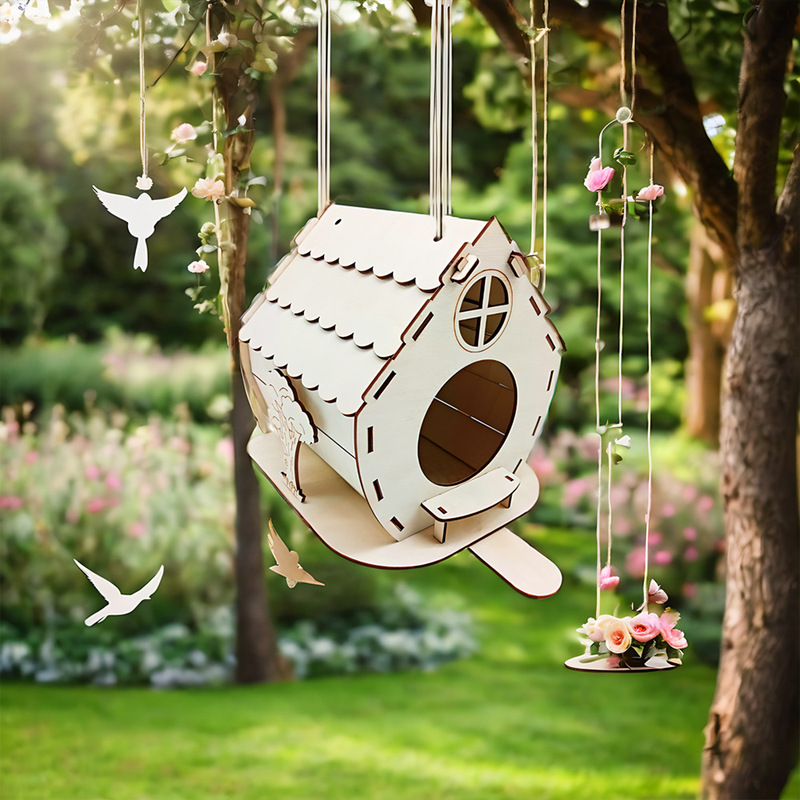 In-Stock European and American Wooden Birdcage Decoration Wooden European and American Hanging Bird Nest Bird Feeder Handmade Pendant Pet Supplies