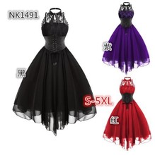 2023夏季圆领收腰性感气质撞色露背个性雪纺纯色复古无袖连衣裙女