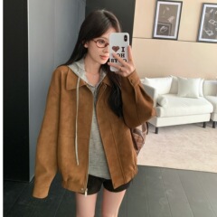 现货# 复古鹿皮绒棕色外套女早秋高级感休闲宽松翻领夹克机车上衣