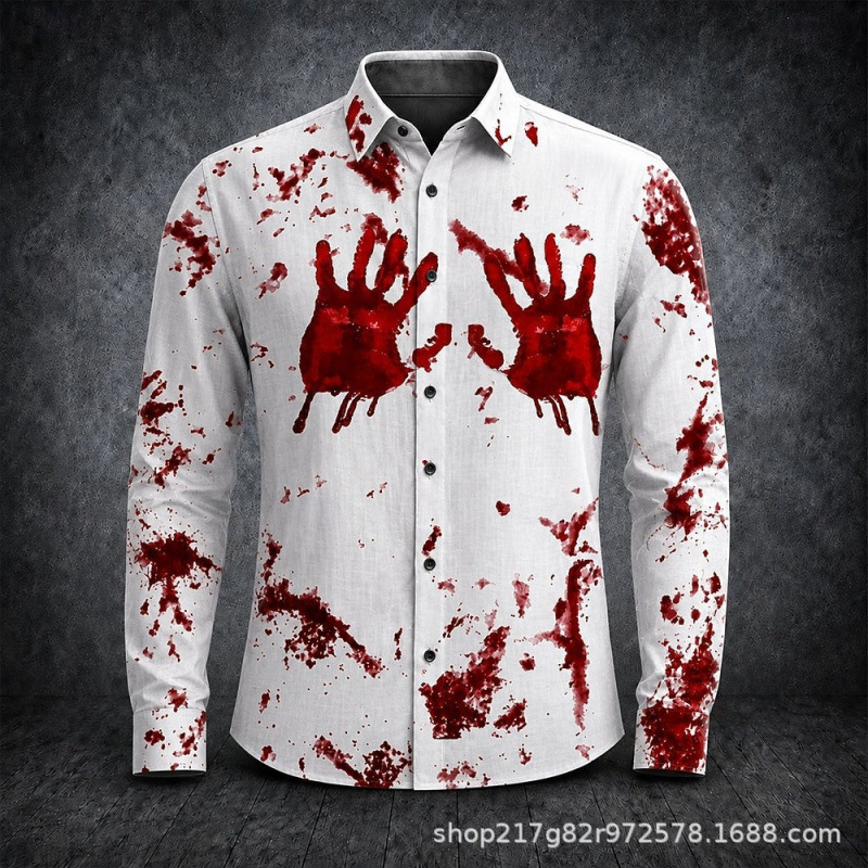 2026 Cross-border Lapel Long Sleeve Shirt Single-breasted Cardigan Halloween Blood Print 3D Print Casual Men's and Women's Clothing 2026 Cross-border Lapel Long Sleeve Shirt Single-breasted Cardigan Halloween Blood Print 3D Print Casual Men's and Women's Clothing