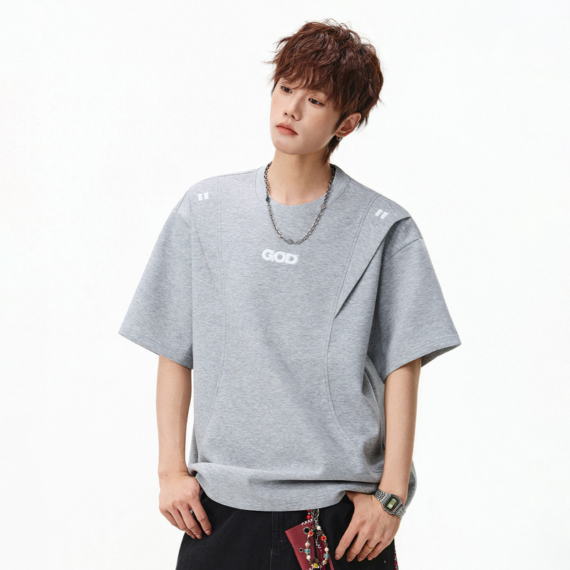 Shoulder-Cut Loose-Fitting Short-Sleeve T-Shirt for Men, Summer Vintage American Style, Color-Blocking, 3D Embroidery, Textured Loose Fit Tee Shoulder-Cut Loose-Fitting Short-Sleeve T-Shirt for Men, Summer Vintage American Style, Color-Blocking, 3D Embroidery, Textured Loose Fit Tee