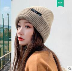 网红帽子毛线帽女秋冬韩版百搭潮素颜贴标保暖冷帽大头围毛针织帽