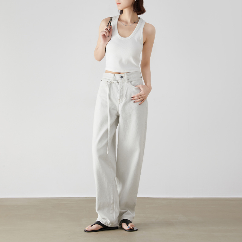 Li Girl White Laobei Belt Style Straight-Leg Wide Leg Jeans Women's Casual Retro Jeans-Bsd1D991