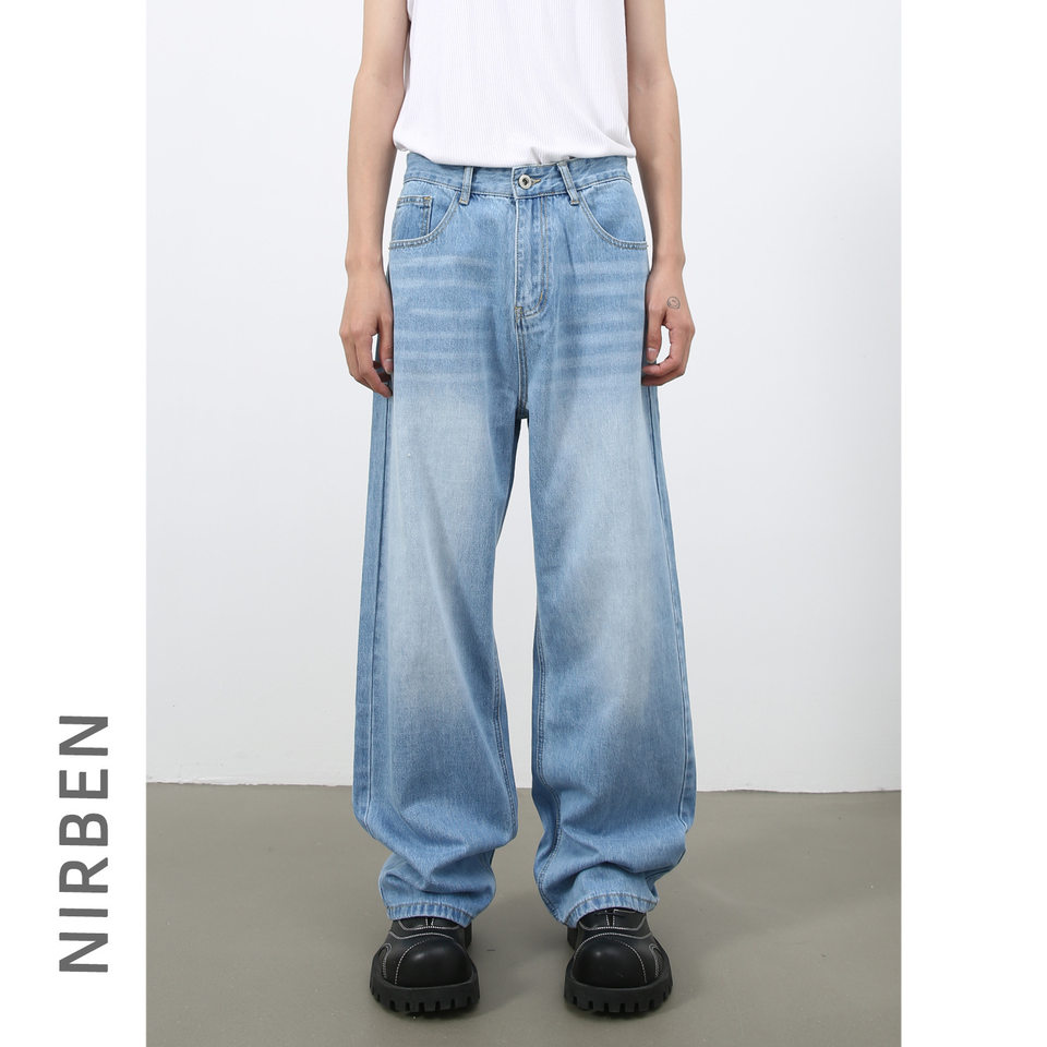Quần jean nam ống rộng phong cách retro, cạp vừa, dáng đứng, dài chấm gót — Màu hồng, Màu tím, Xanh lam nhạt, Xanh lục cũ