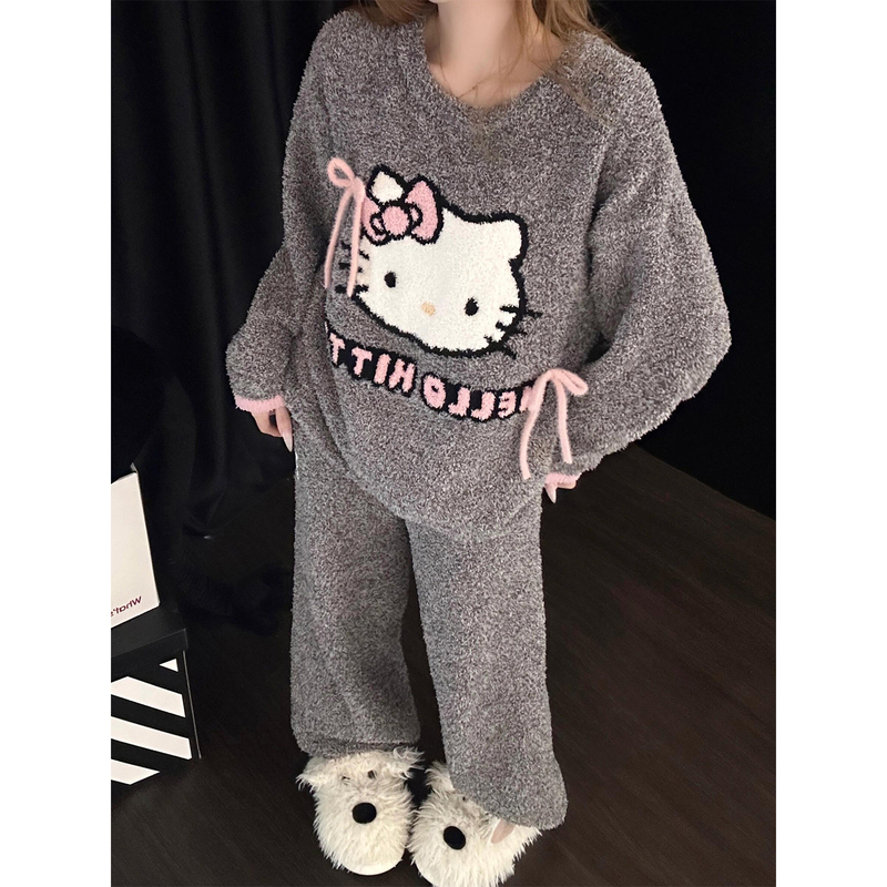 可爱kitty卡通珊瑚绒睡衣女秋冬加厚法兰绒保暖可外穿宽松家居服|undefined