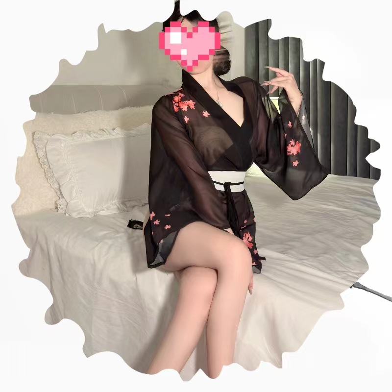 Japanese-Style Cherry Blossom Kimono Lingerie Set with Deep-V Top and Matching Open-Toe Stockings — detail image 6