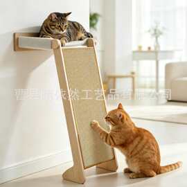 跨境木制猫抓板墙挂猫抓柱带吊床2合1猫窝带剑麻抓板坡道攀爬架