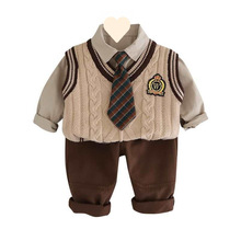 童装男童秋装套装2025新款婴儿童春秋季韩版学院风毛衣马甲三件套