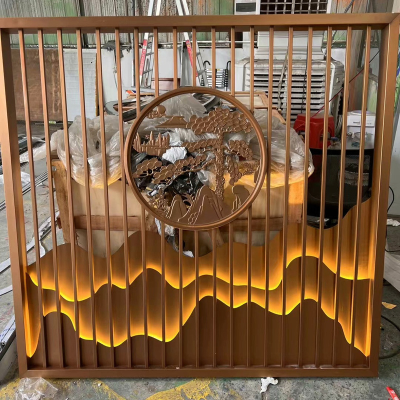 Rose gold welcome pine stainless steel screen villa outdoor rockery background wall metal porch with light luminous partition