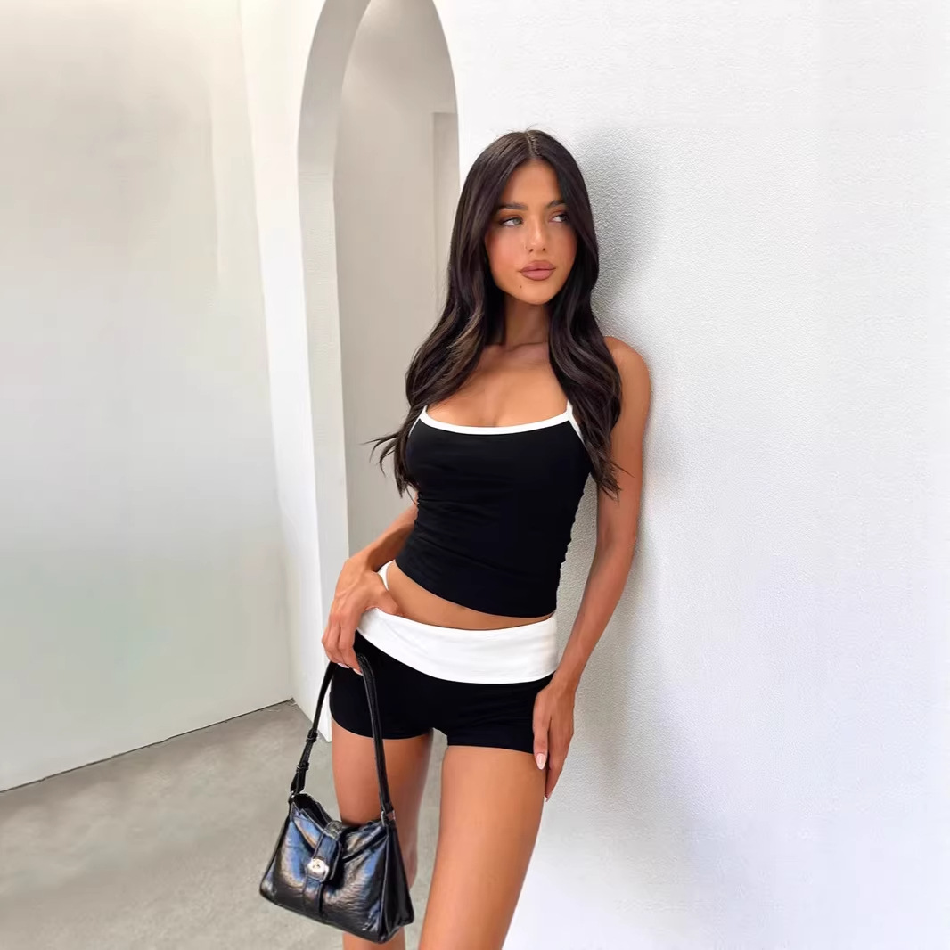 2026 New Personalized Street Women's Color Matching Vest And Shorts Set Sports And Leisure Wear Slim Fit_ecoleips.com