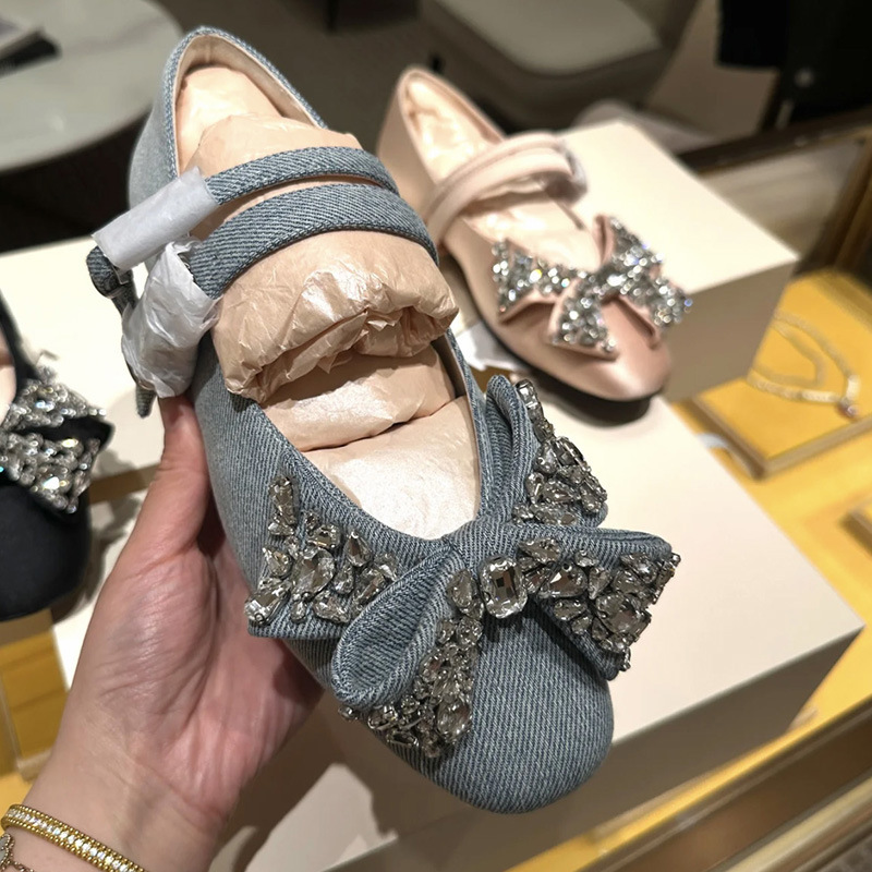 ルースと同じスタイルのラインストーンデニムリボンシューズ女性用 2025 新しいフレンチバレエフラットシューズメリージェーンシューズ|undefined