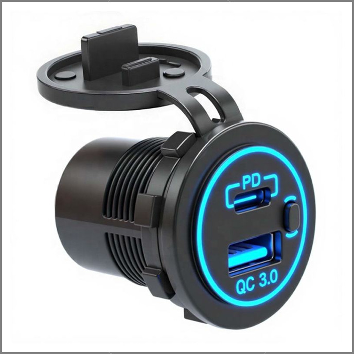 12VUSB C插座PD3.0和18w快速充电3.0汽车USB充电器插座带电源开关