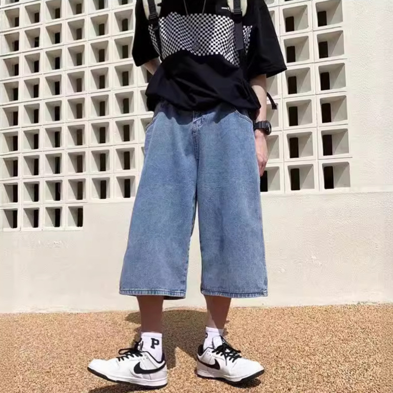 New Trendy Workwear Large Pocket Capri Pants Large Shorts Loose Jeans Men's Trendy Straight High Street Wide-leg Pants