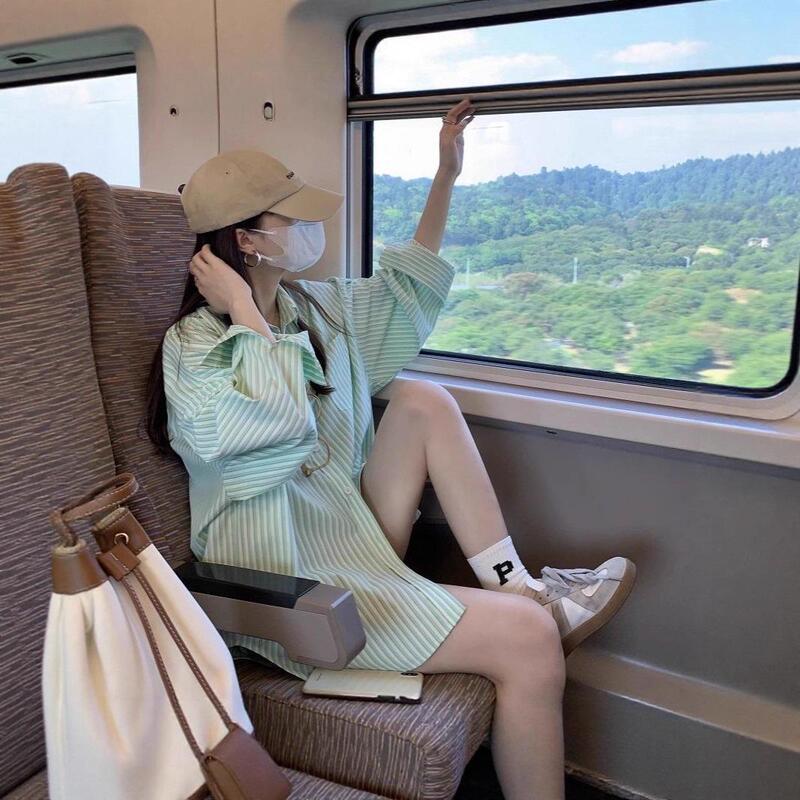 Korean High-End Green Stripesd Shirt 2025 Autum New Loose Thin Jacket Cardigan Long-Sleeved Top Korean High-End Green Stripesd Shirt 2025 Autum New Loose Thin Jacket Cardigan Long-Sleeved Top