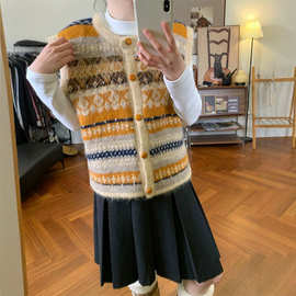 复古费尔岛撞色提花针织开衫马甲女2026春秋新款宽松软糯毛衣背心