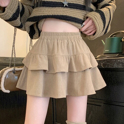 Velvet ruffle cake skirt for women autumn and winter new style hot girl Korean slimming temperament versatile puffy skirt 
