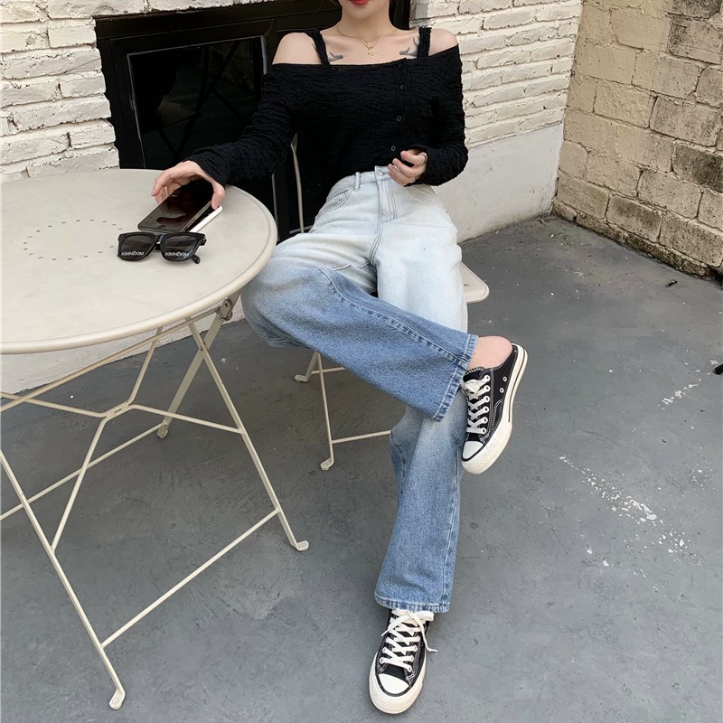 Джинсы с высокой талией, градиентные джинсы для женщин, прямые свободные драпированные широкие брюки, универсальные длинные брюки для женщин, тренд