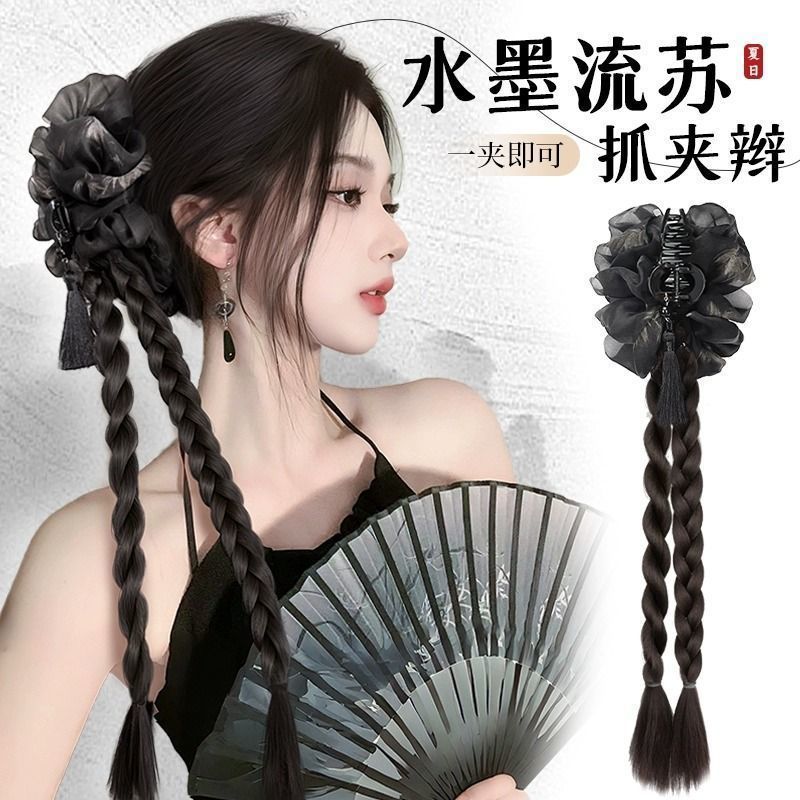 Ink tassel clip ponytail double braid [brown black]