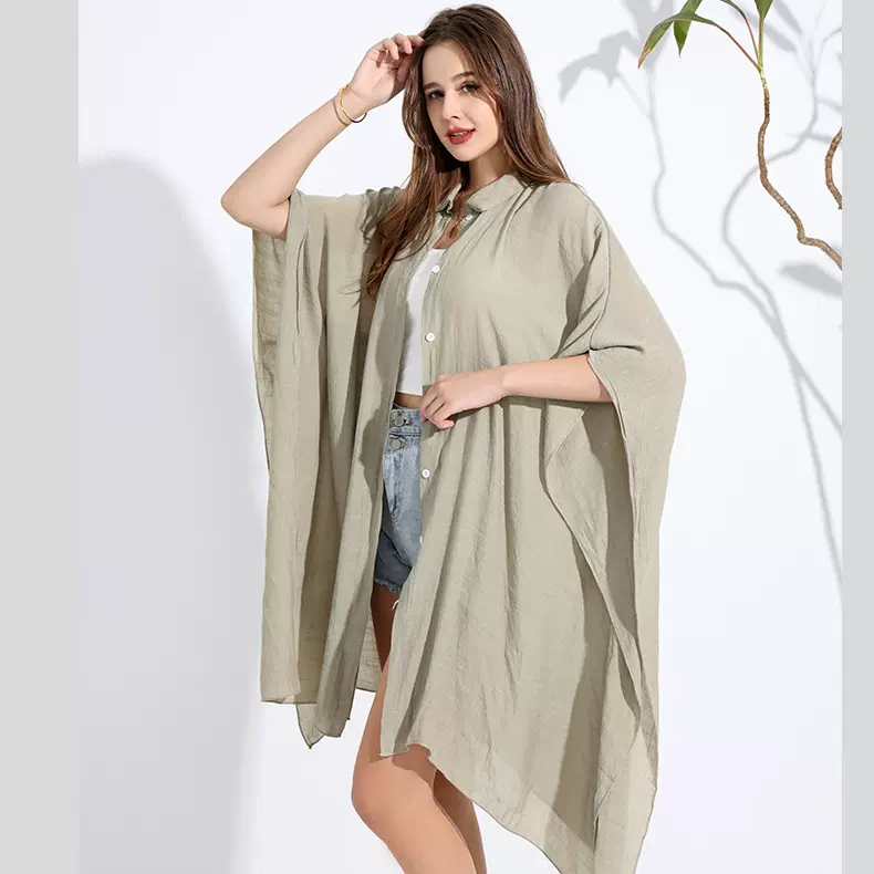 夏季沙滩披肩竹节棉防晒衣跨境亚马逊比基尼开衫衬衫领罩衫女13色