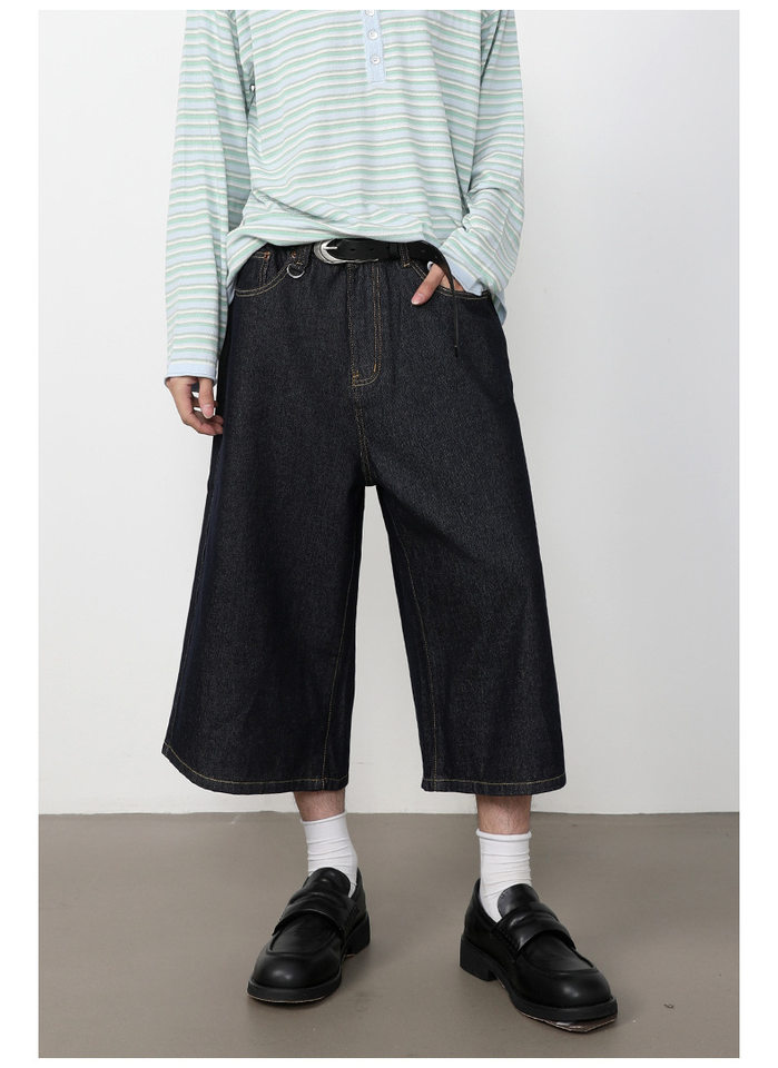 Quần short denim nam dáng rộng ống suông — Da bò thô màu đen, Xanh denim thô, Xanh đậm, Đen xám chi tiết 12