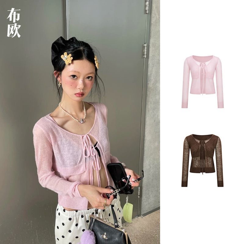 [Clearance, No Returns/Exchanges] Nanyou Wholesale Misty Effect Lace-Up Faux Two-Piece Long Sleeve Knitted Cardigan Lightweight Top for Women