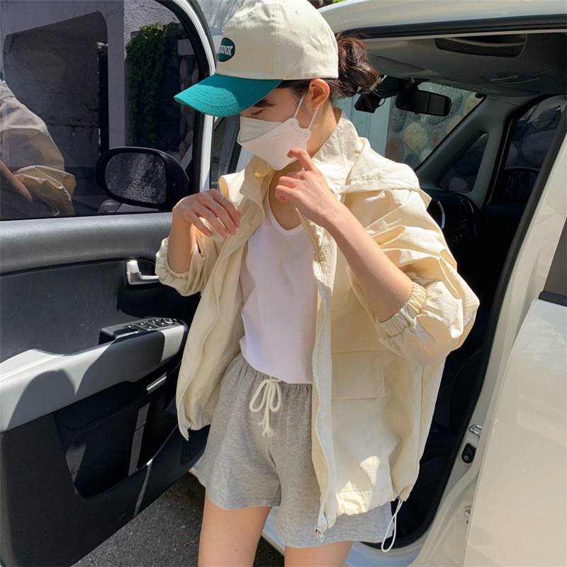 Stand-Up Collar Hooded Casual Sun-Protection Jacket Top 2026 Spring and Autumn Petite Drawstring Waist Air-Conditioning Coat Women's Thin Style