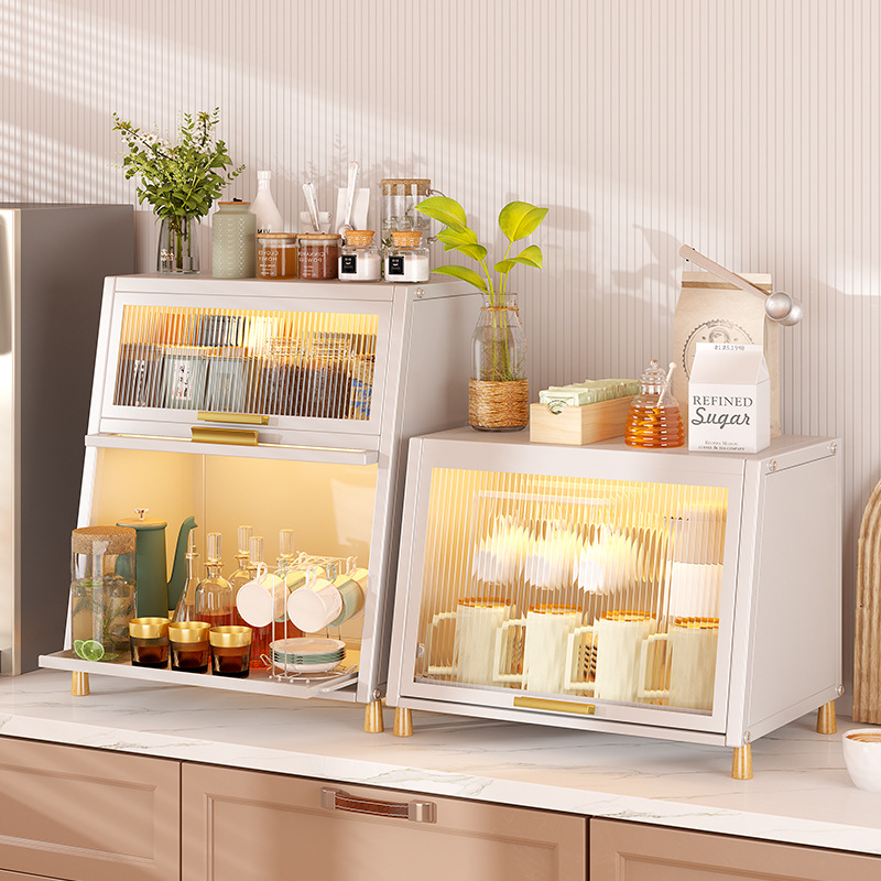 Hogar a prueba de polvo Flip taza almacenamiento rack acero al carbono completamente sellado condimento tarro capas drawable almacenamiento rack luz gabinete de lujo