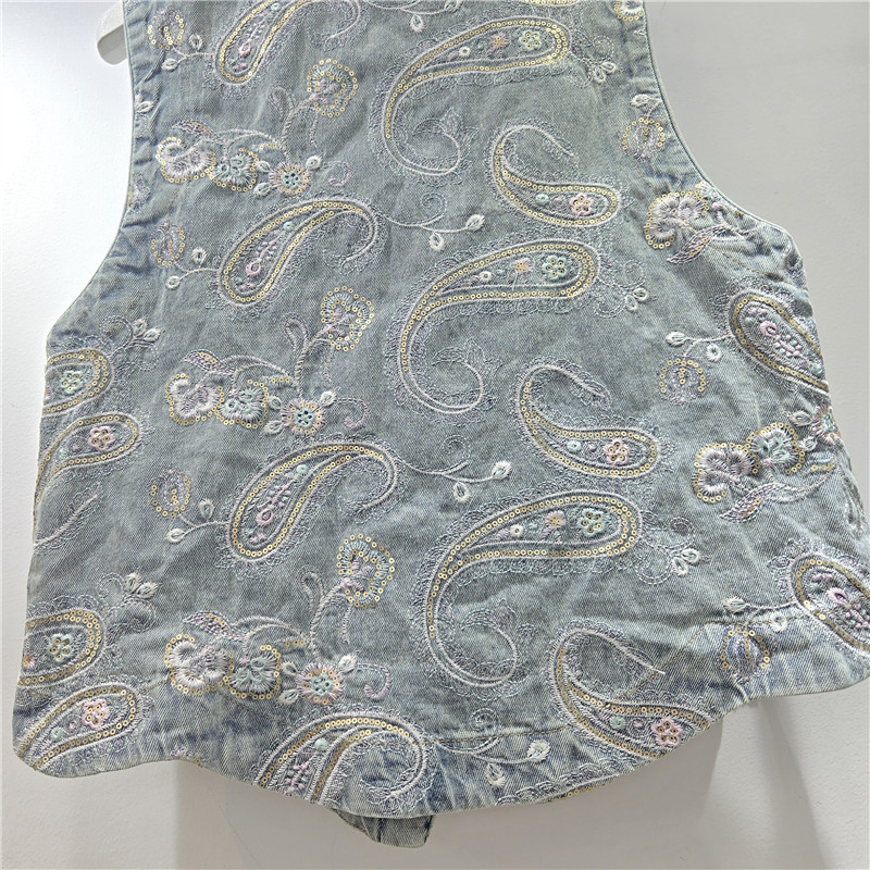 2026 primavera azul industria pesada bordada flor de anajuez chaleco denim de moda alta sensación de cuello redondo chaleco de hombro