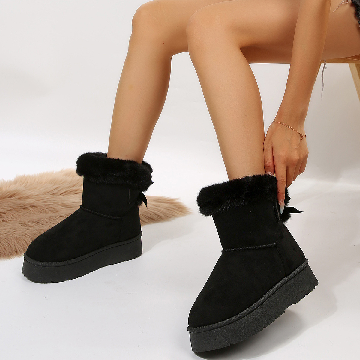 Add velvet and thick snow boots a winter new thick soled middle help hairy bow cotton shoes_viptrois.com
