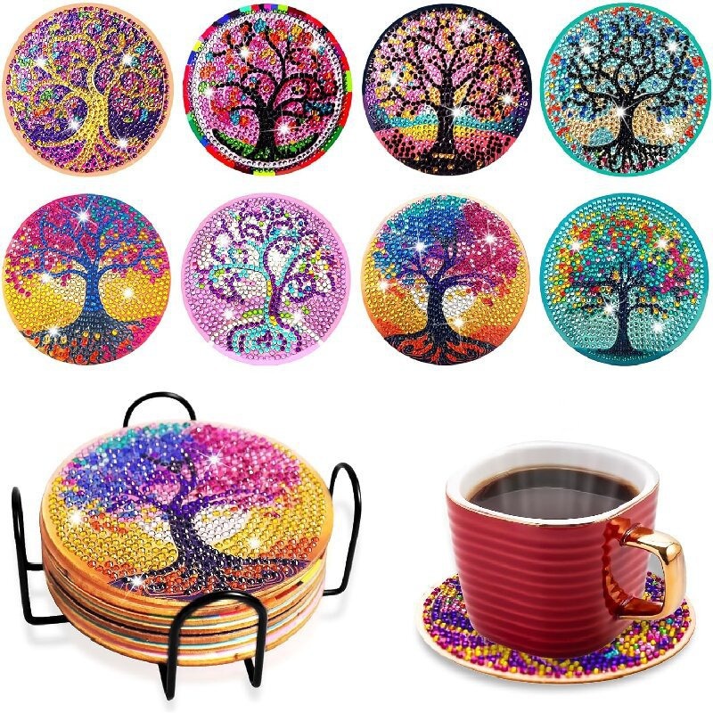 Diamante de dibujos animados almohadillas de taza letras rojas textura de madera hecha a mano puntos de perforación aislamiento térmico antideslizante diamante juguetes de pegatinas