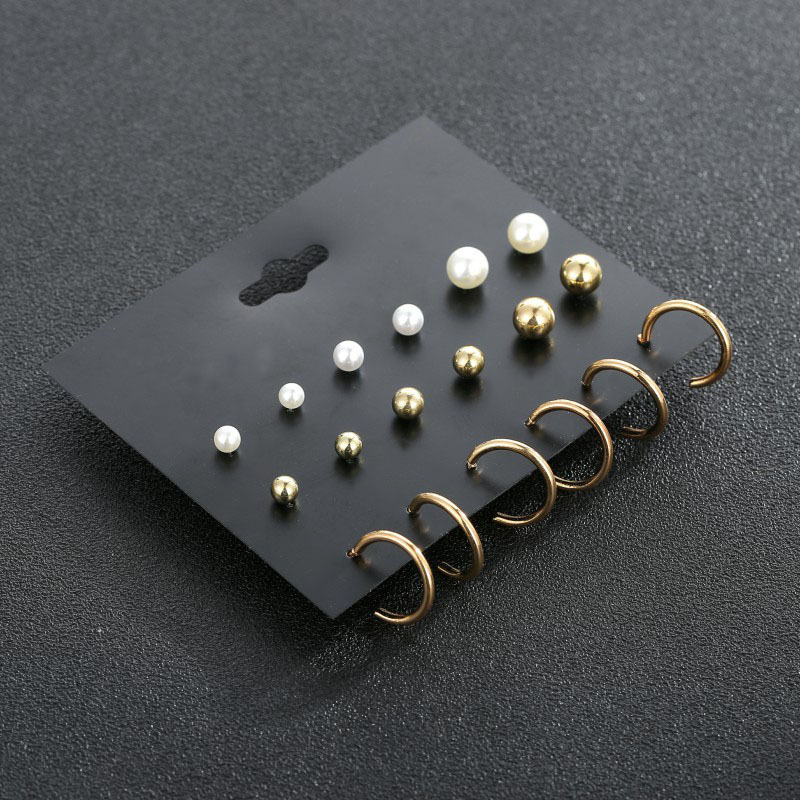 Trendy Temperament Pearl Set Earrings 12 Pairs Of Combination Earrings Simple Metal Geometric C-shaped Earrings display picture 3