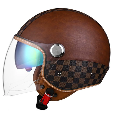Motosiklet kaskı (dəbilqə) — half helmet double mirror helmet - checkerboard-brown-long-outside-and-color-inside-m