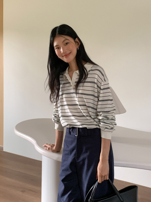 木兰 经典polo领针织衫女2025十三行秋新款韩版复古条纹上衣56970|undefined