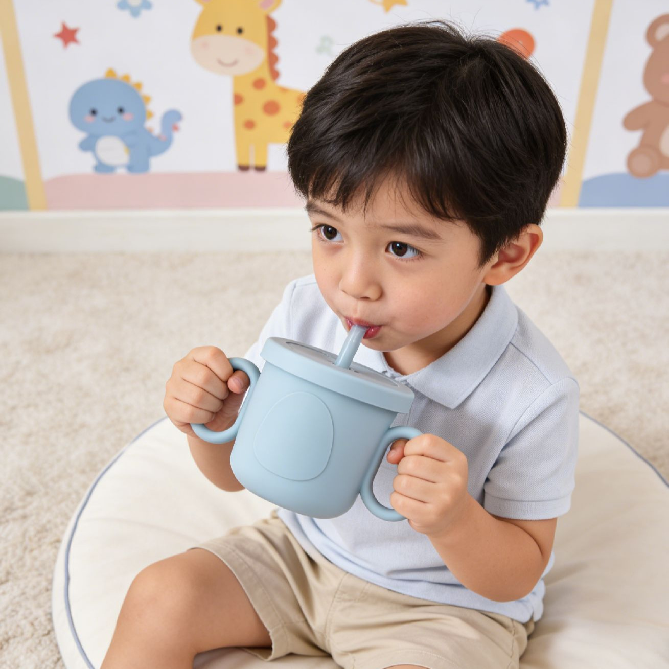 Dujima Baby Sled Cup with Lid Penguin Baby Silicone Cup Drop-proof Watertight Double Handle Drinking Cup