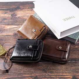 2024新款男士钱包短款多卡位拉链时尚外插卡钱夹男青年横款软皮夹